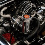 A close up of the engine of a car